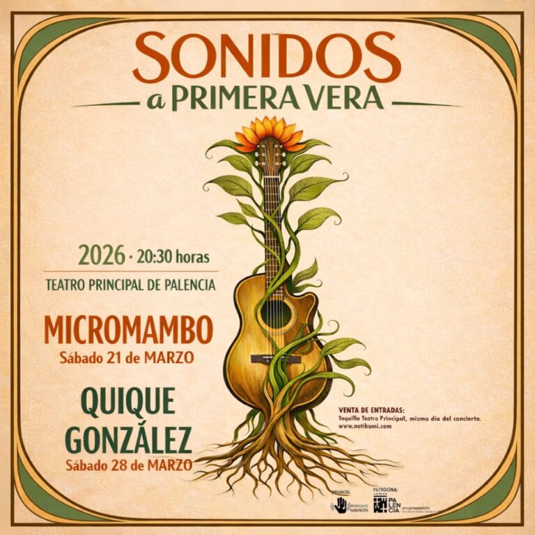 Cartel del ciclo Sonidos a Primera Vera en Palencia con guitarra y flores