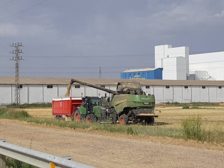 Tractor y cosechadora trabajando en un campo de cereal en Palencia