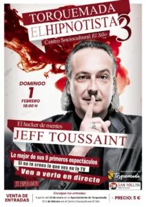 Cartel del espectáculo de hipnosis en Torquemada con Jeff Toussaint