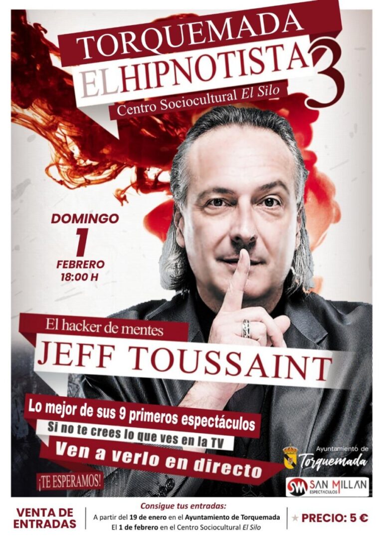 Cartel del espectáculo de hipnosis en Torquemada con Jeff Toussaint