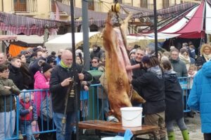 Personas observando la matanza de un cerdo en la Plaza Mayor de Palencia.