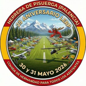 Logo del 25 aniversario del Aeródromo de Herrera de Pisuerga con aviones y montañas.