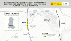 Mapa de situación de las obras del AVE en la A-67 cerca de Herrera de Pisuerga.