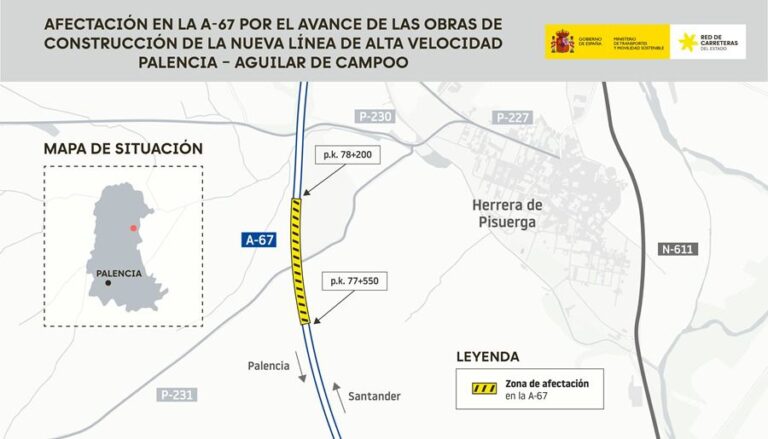 Mapa de situación de las obras del AVE en la A-67 cerca de Herrera de Pisuerga.
