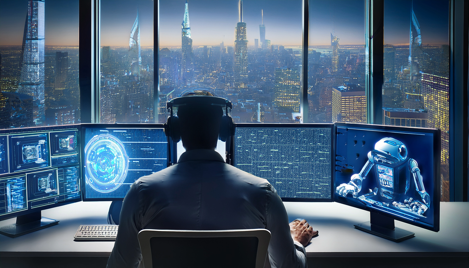 Persona frente a múltiples pantallas con gráficos de inteligencia artificial