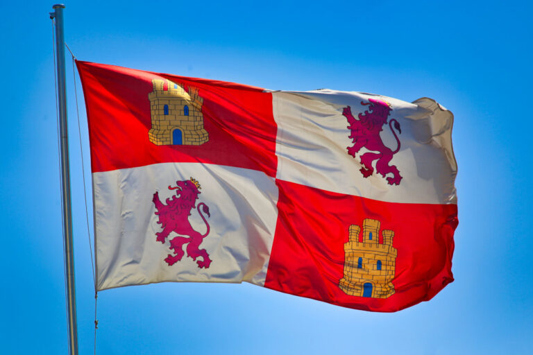 Bandera de Castilla y León ondeando bajo un cielo azul
