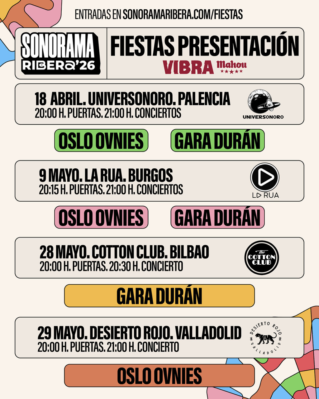 Cartel de presentación del festival Sonorama Ribera 2026 con fechas y artistas