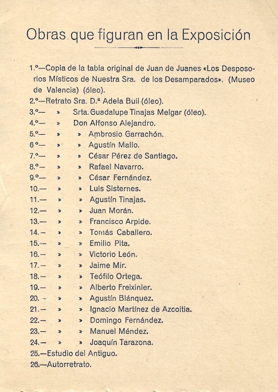 Lista de obras expuestas en la muestra de José Bellver Delmás en 1926.
