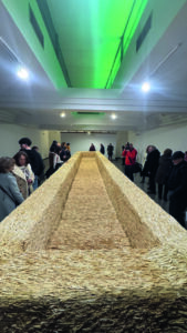 Instalación artística de paja en la Fundación Díaz-Caneja con público observando.