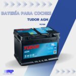 Batería Tudor AGM para coches con especificaciones técnicas visibles
