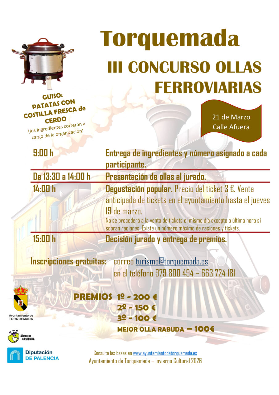 Cartel del III Concurso de Ollas Ferroviarias en Torquemada con detalles del evento.
