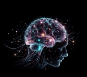 Ilustración de un cerebro con luces y conexiones neuronales