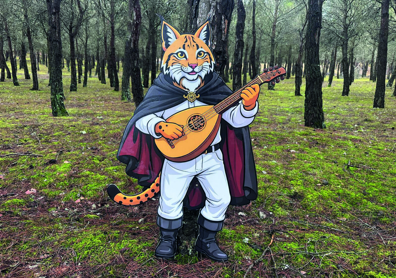 Personaje de lince tocando la guitarra en un bosque
