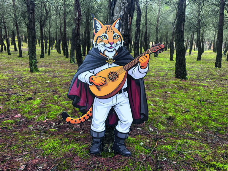 Personaje de lince tocando la guitarra en un bosque