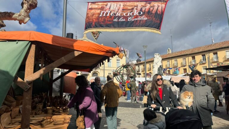 Mercado de Las Candelas en Palencia con puestos y visitantes