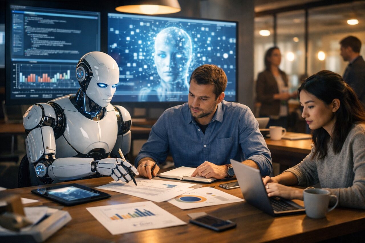 Reunión sobre inteligencia artificial con un robot y dos personas