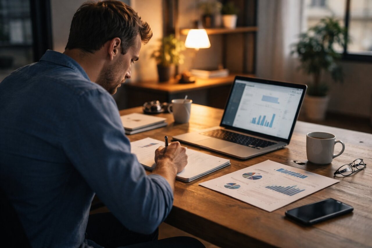 Hombre escribiendo en una libreta con gráficos sobre la mesa