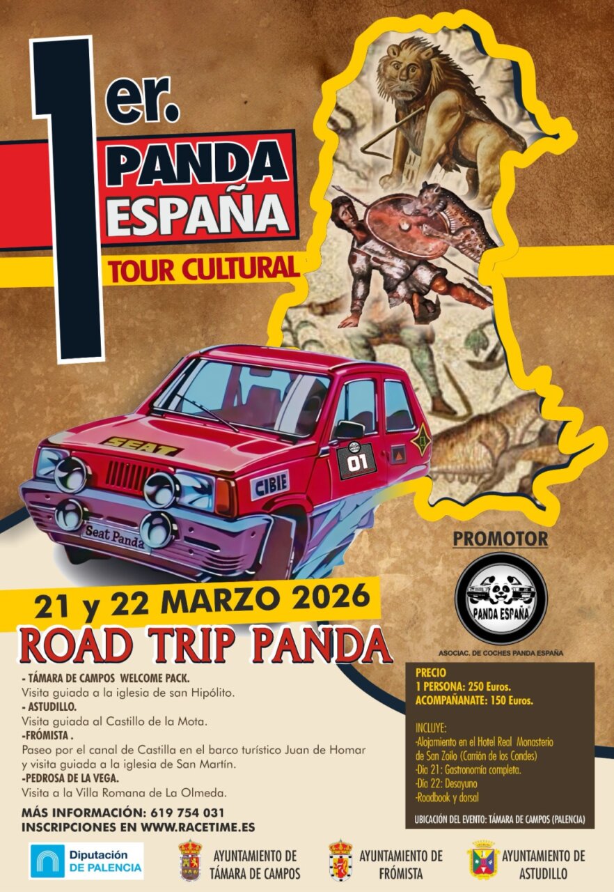 Cartel del primer Panda España Tour Cultural con un coche Seat Panda