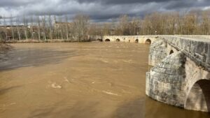 Vista del río Pisuerga en Torquemada con alto caudal