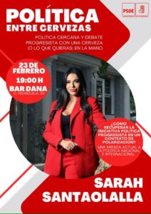 Cartel del coloquio sobre política entre cervezas con Sarah Santaolalla