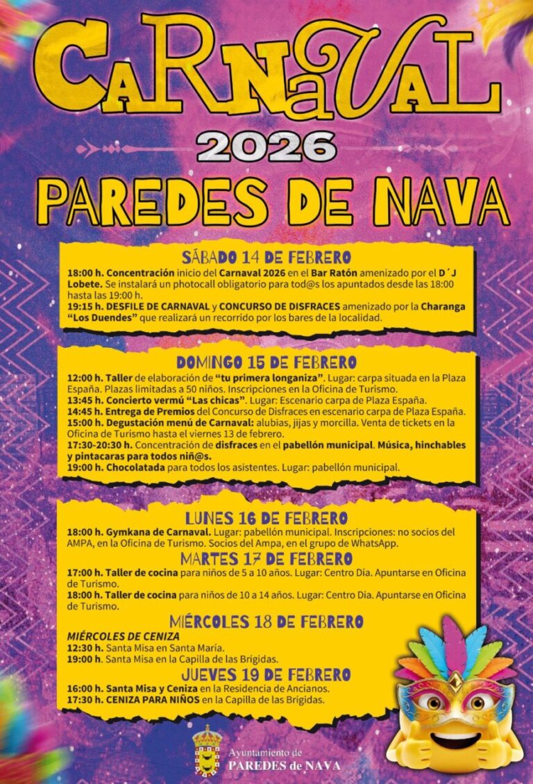 Cartel de programación del Carnaval 2026 en Paredes de Nava con actividades y horarios.
