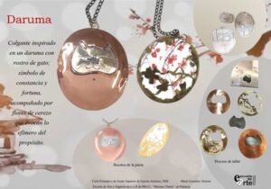 Collar inspirado en un daruma con rostro de gato y flores de cerezo.