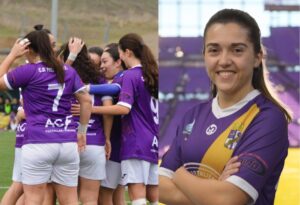 Jugadoras del Palencia Fútbol Femenino celebrando y Lucía Rubio sonriendo