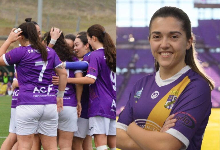 Jugadoras del Palencia Fútbol Femenino celebrando y Lucía Rubio sonriendo
