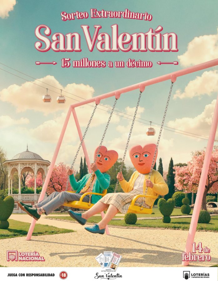 Cartel del Sorteo Extraordinario de San Valentín con personajes en columpios.