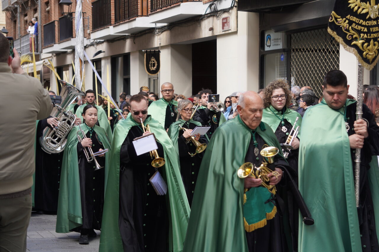 Cofrades con capa verde en la procesión del Domingo de Ramos en Palencia
