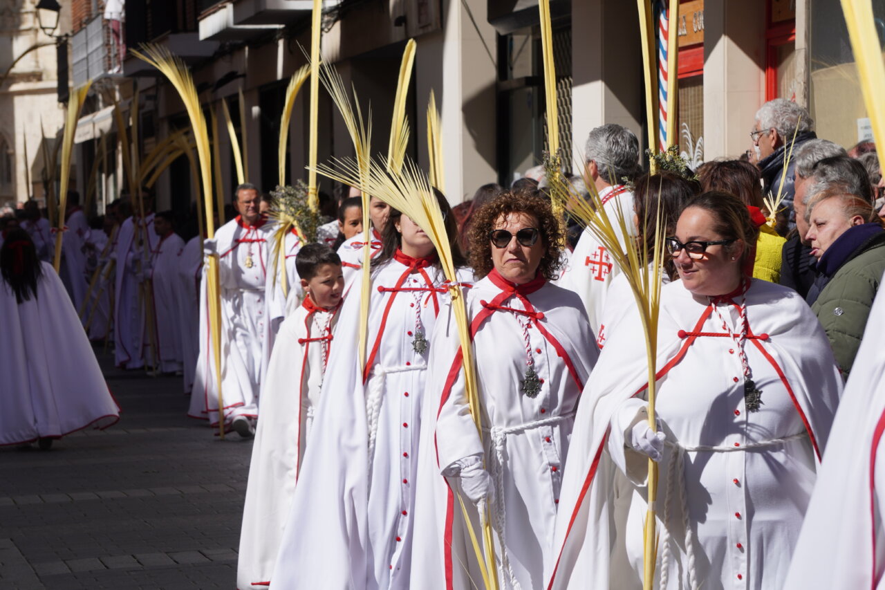 Cofrades en la procesión del Domingo de Ramos en Palencia