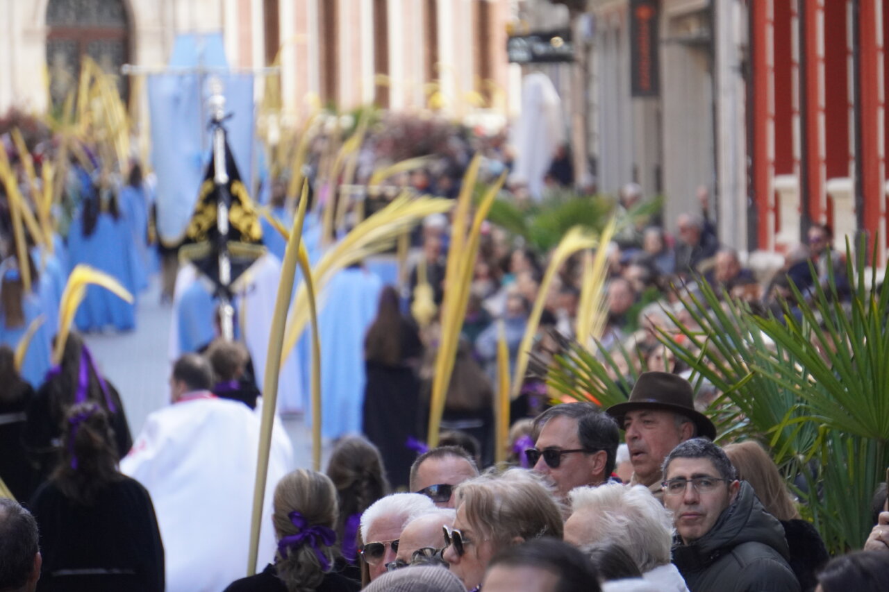 Multitud en la procesión del Domingo de Ramos en Palencia con palmas y cofrades.