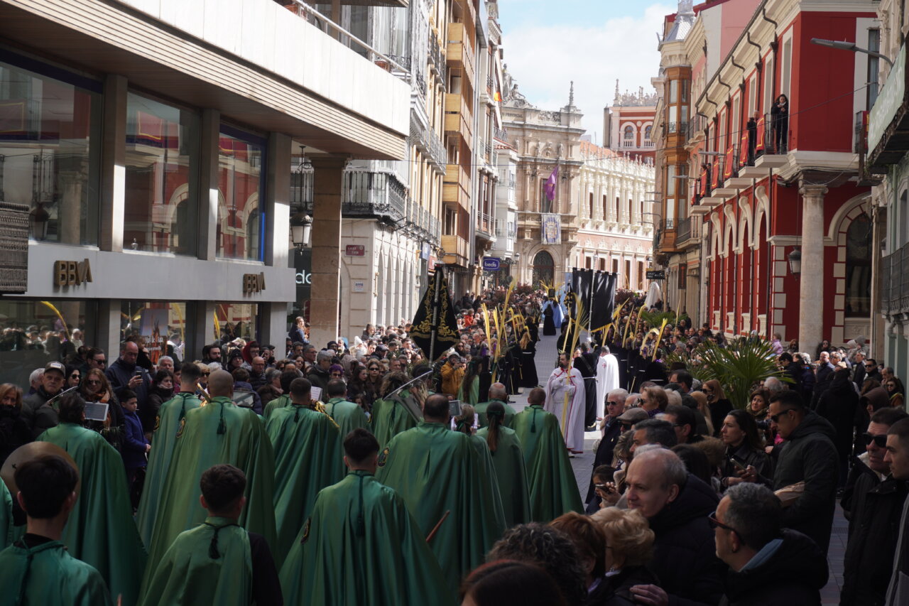 Multitudinaria procesión del Domingo de Ramos en Palencia con cofrades y espectadores.