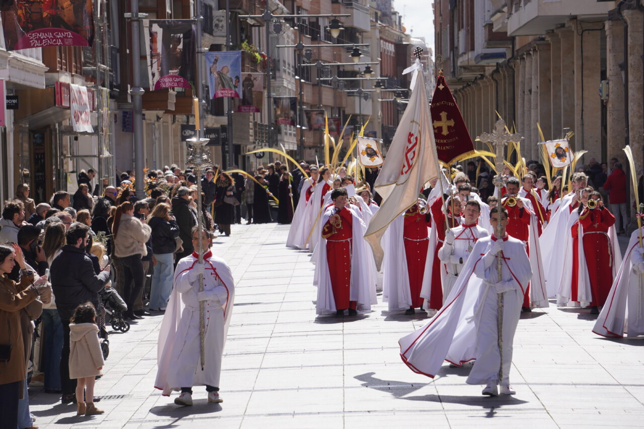 Procesión del Domingo de Ramos en Palencia con cofrades y multitudes