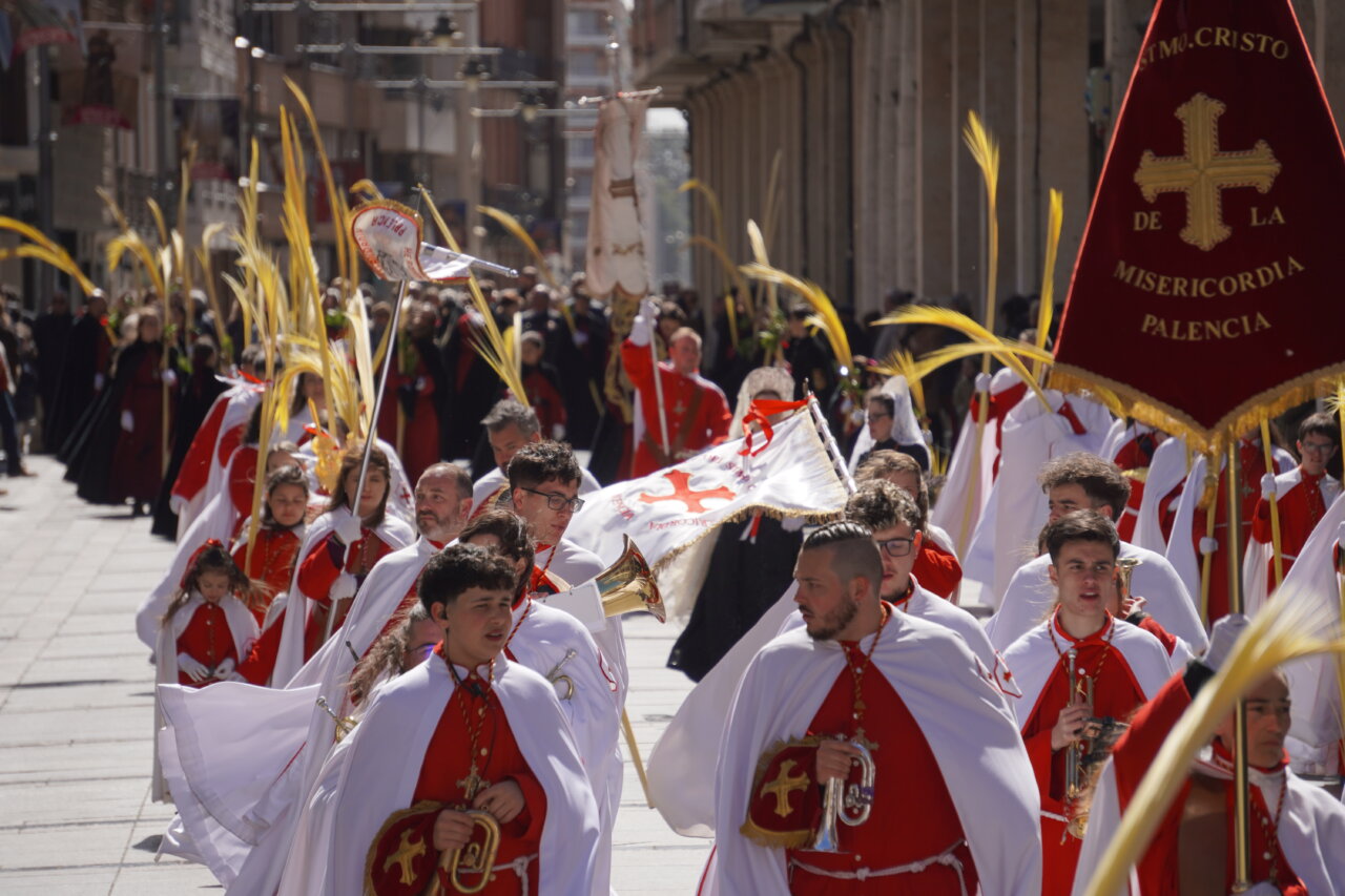 Procesión del Domingo de Ramos en Palencia con cofrades y palmas
