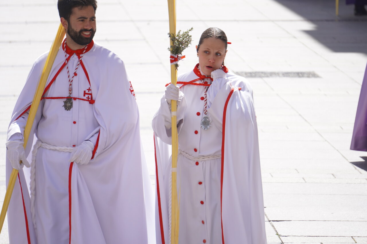 Cofrades en la procesión del Domingo de Ramos en Palencia