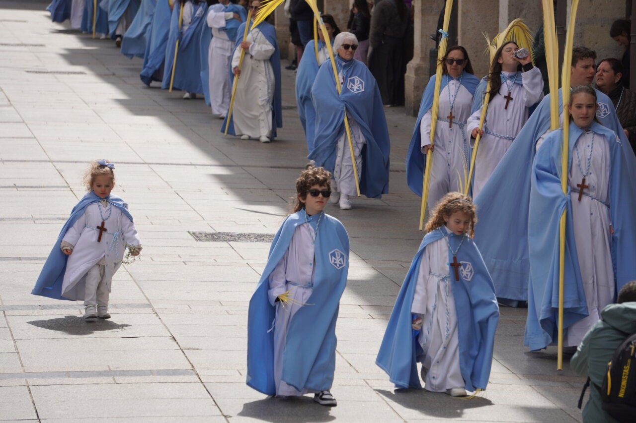 Niños y adultos en procesión de Domingo de Ramos en Palencia