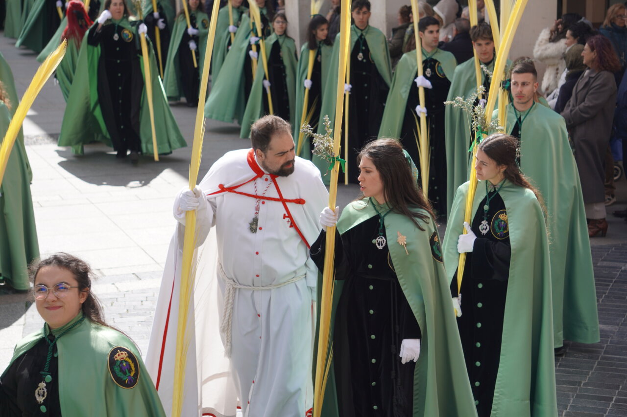 Procesión del Domingo de Ramos en Palencia con cofrades y palmas