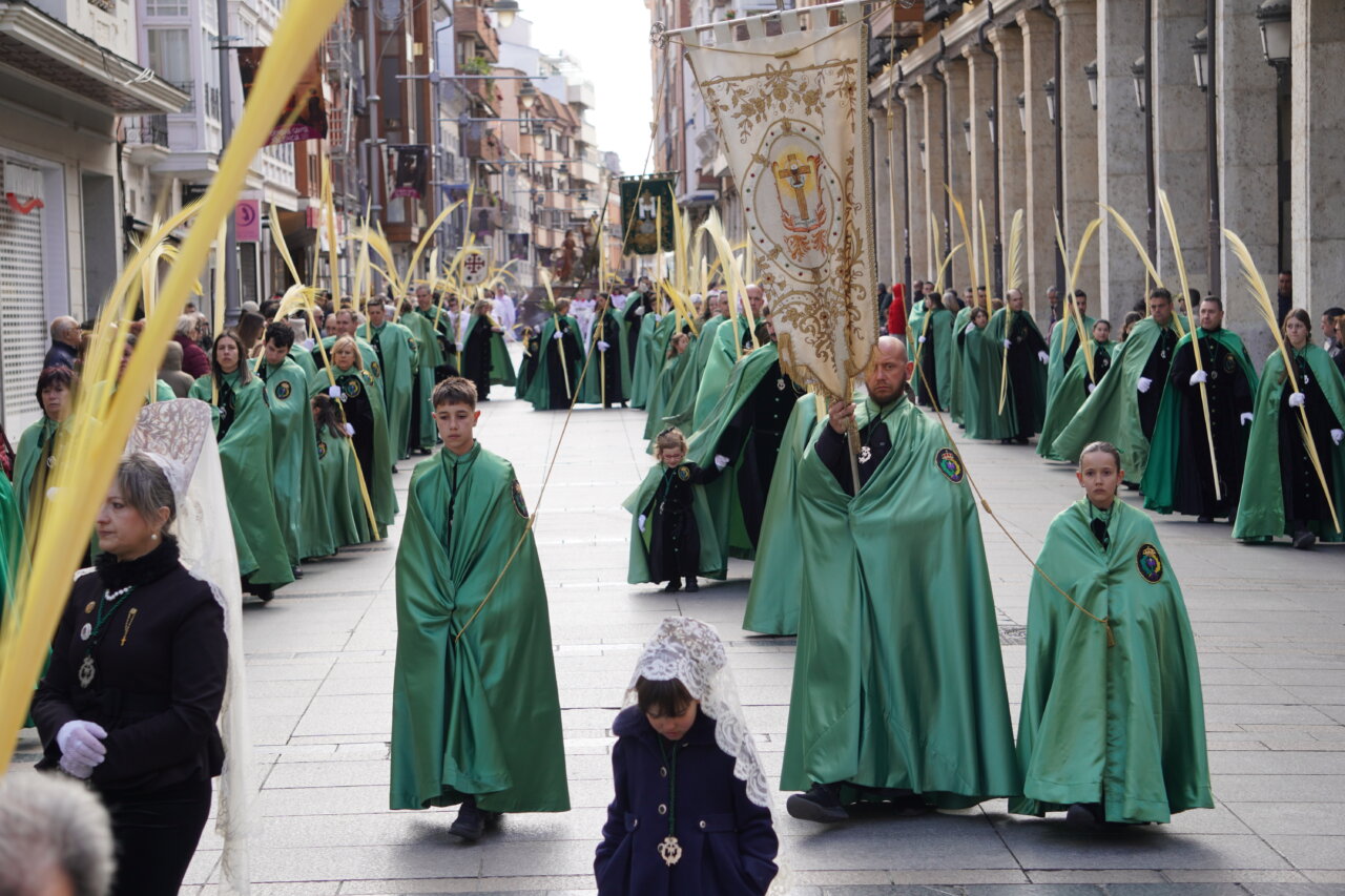 Procesión del Domingo de Ramos en Palencia con cofrades y palmas