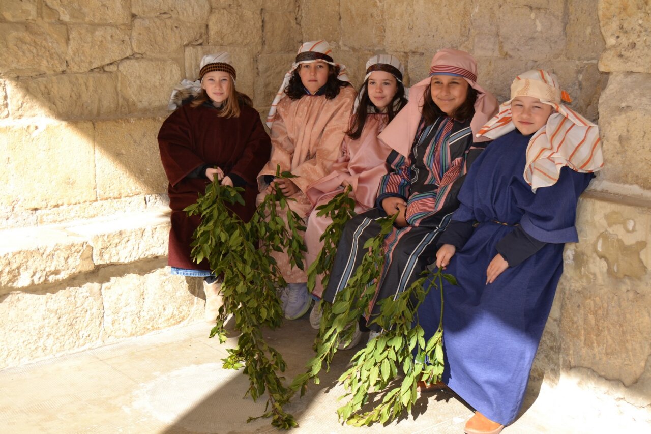 Niñas vestidas con trajes tradicionales sosteniendo ramas en Astudillo