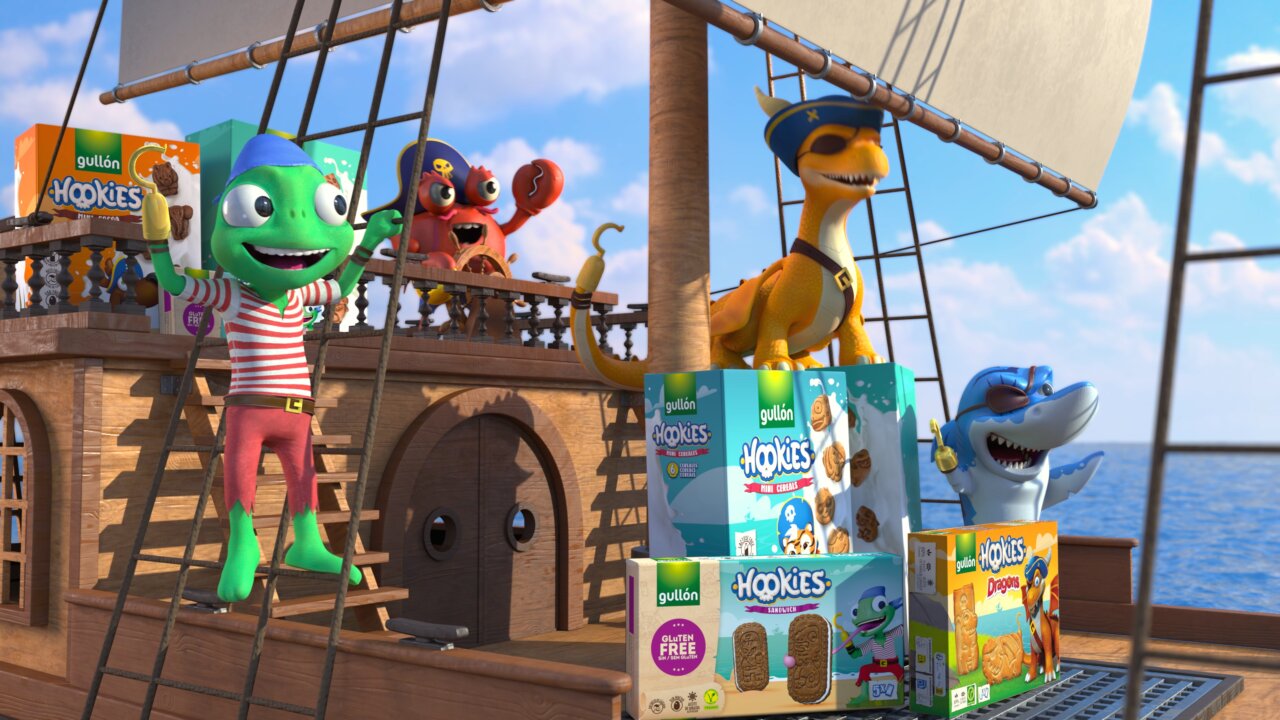 Personajes animados de Gullón Hookies en un barco con galletas