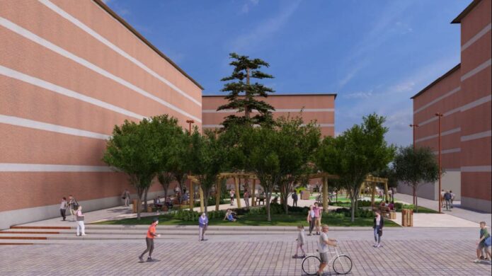 Renderización del nuevo espacio público en Rabí Sem Tob, Palencia