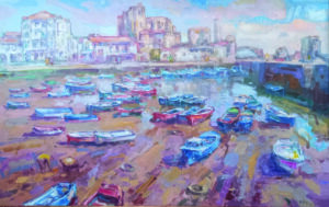 Pintura de Antonio de la Peña con barcos en un puerto