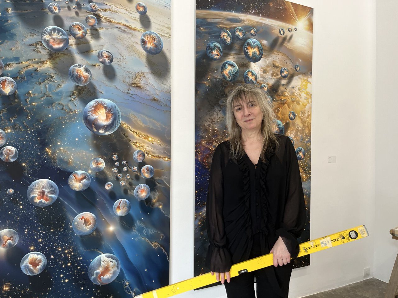 Marina Núñez en su exposición con obras artísticas sobre el universo