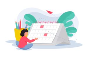 Ilustración de un niño interactuando con un calendario