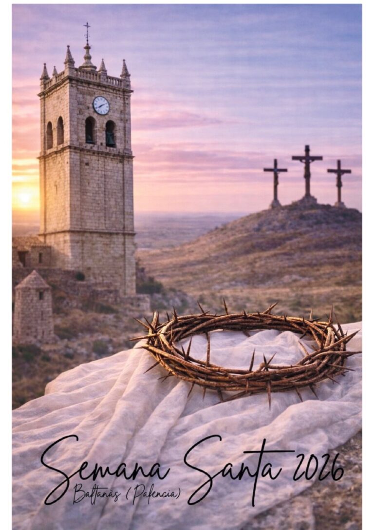 Cartel de la Semana Santa 2026 en Baltanás con una corona de espinas y una iglesia.
