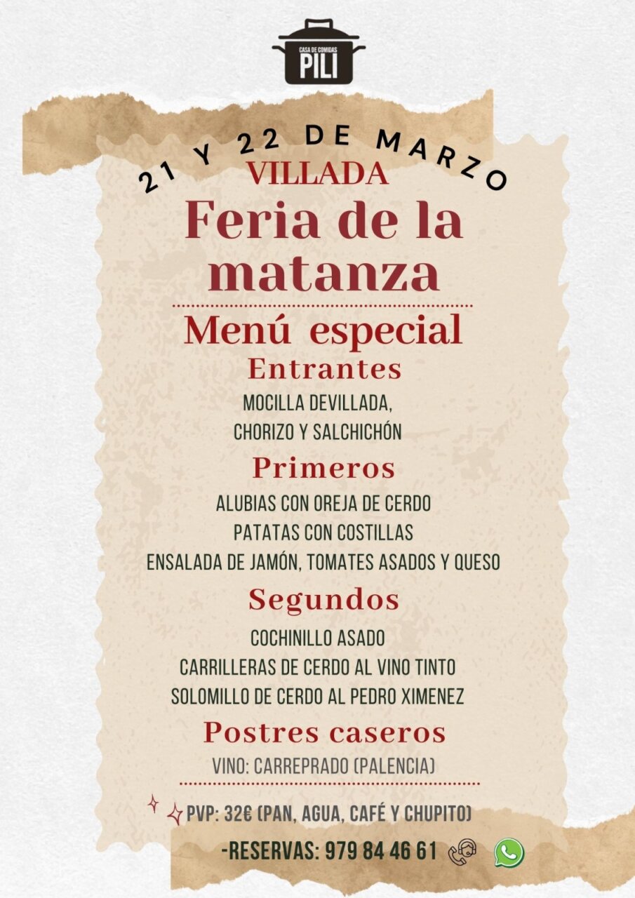 Cartel del menú especial de la Feria de la Matanza en Casa Pili, Villada.