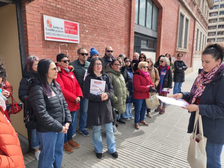 Delegados de CCOO Enseñanza concentrados en Palencia frente a la Dirección Provincial de Educación.