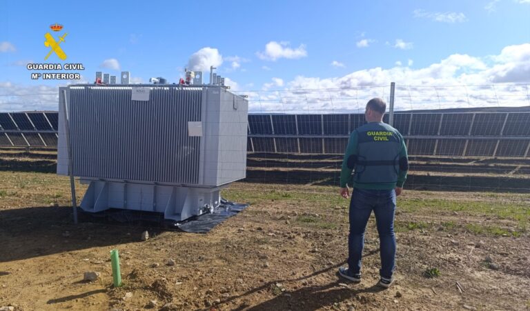 Agente de la Guardia Civil observando un parque fotovoltaico en Palencia
