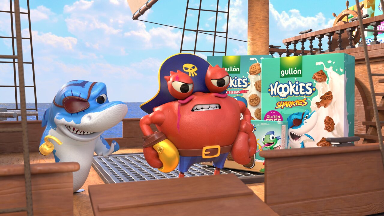 Personajes animados de Gullón Hookies en un barco con galletas